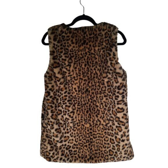 Inc Faux Fur Long Vest Women's Animal Print Leopard Tan Black - Picture 3 of 12